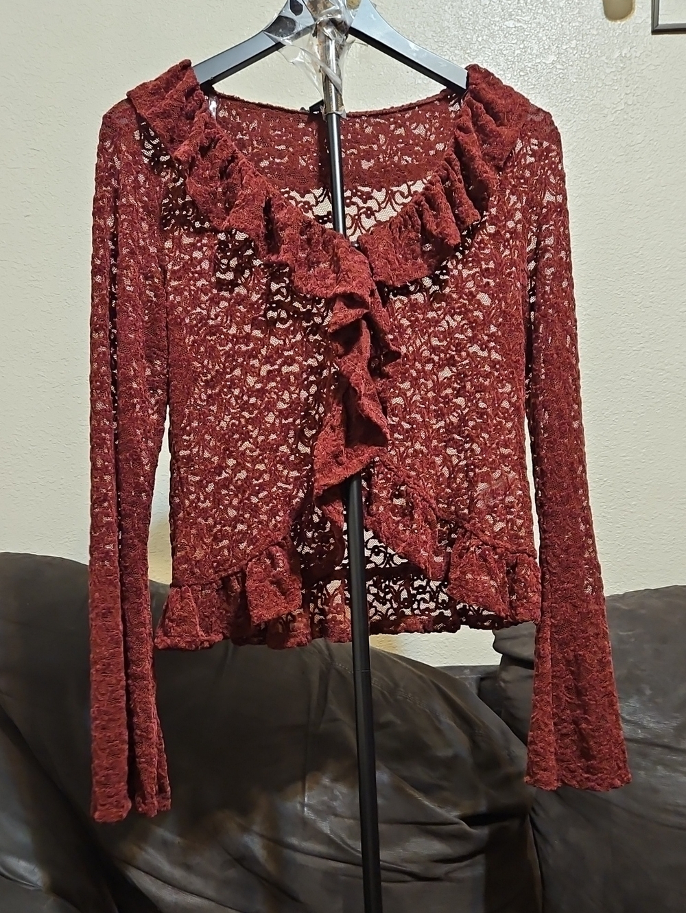 wild fable Wine Red Lace Ruffle Cardigan